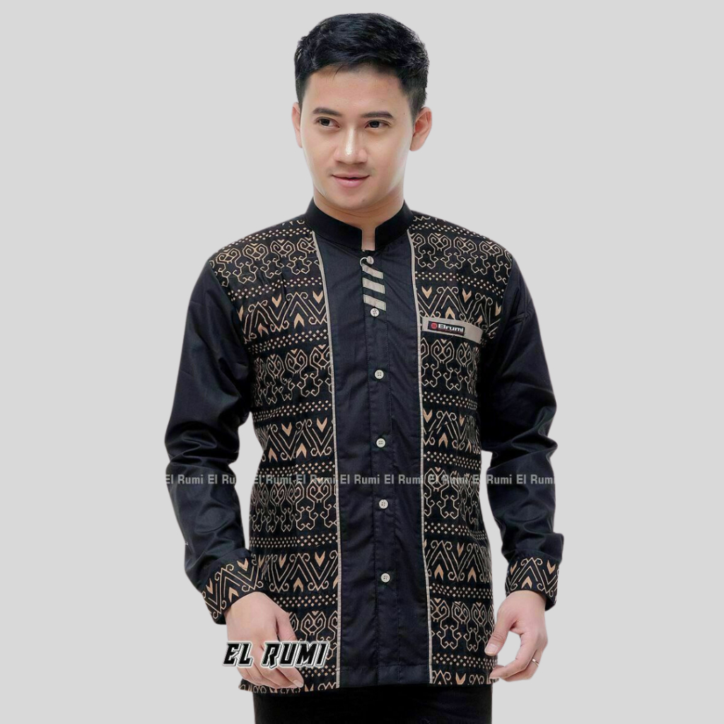 Baju Koko Pria Lengan Panjang Warna Coklat Kombinasi Batik Motif Toraja Elrumi