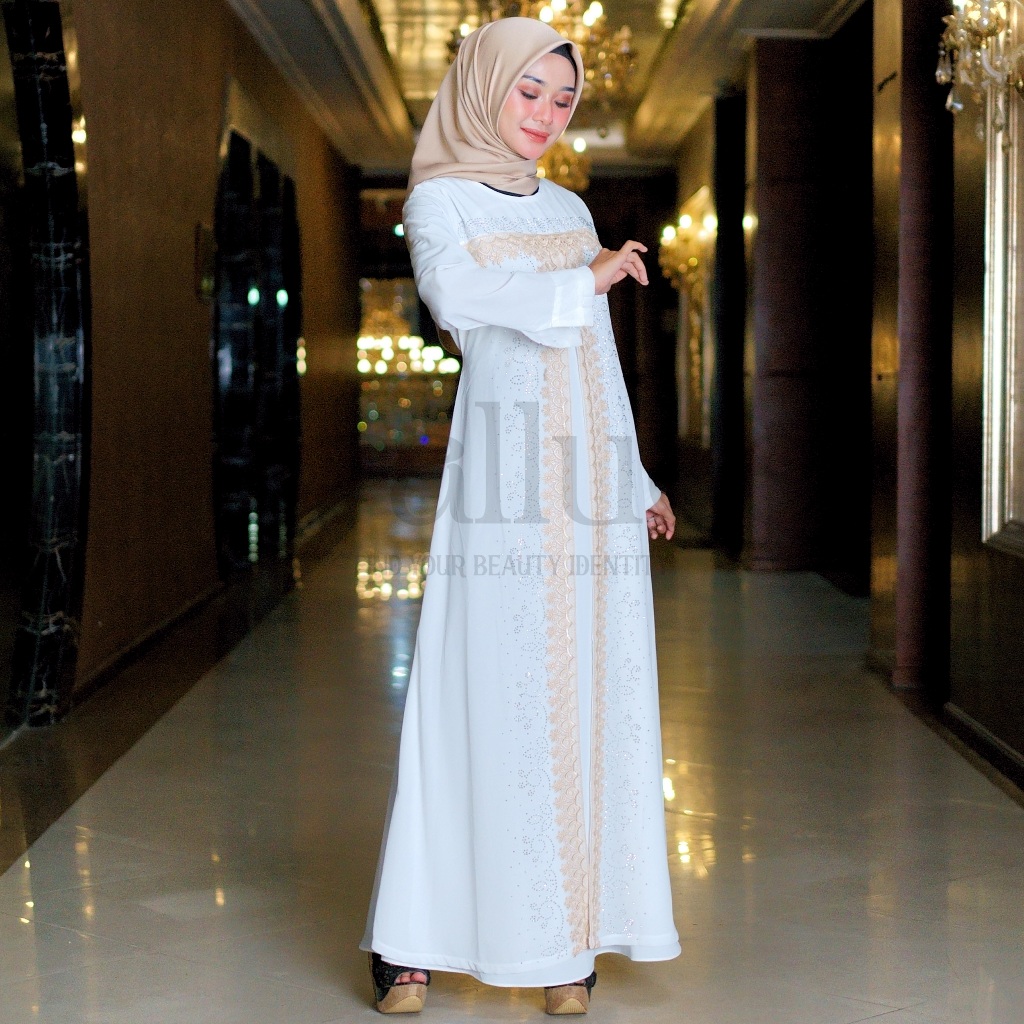 ARALLUCE • Baju Abaya Warna Putih Mewah dan Elegan ARL 012 - Dress Gamis Putih Wanita Kekinian