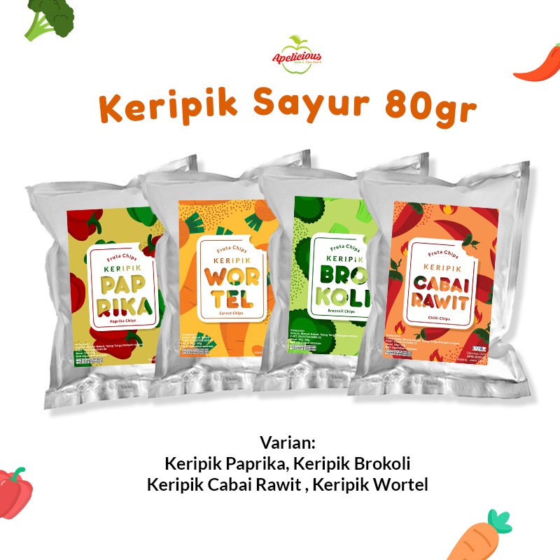 

APELICIOUS KERIPIK SAYUR WORTEL BROKOLI FRUTA CHIPS 80GR