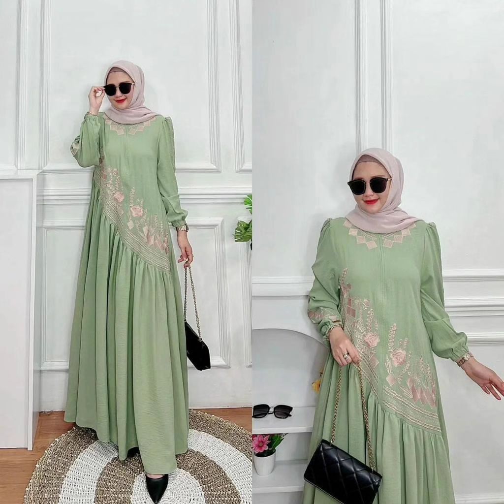 Aghi - Gamis Wanita Bordir Resleting Depan ( Bisa Busui ) Model Lengan Balon, Dress Lengan Balon / L