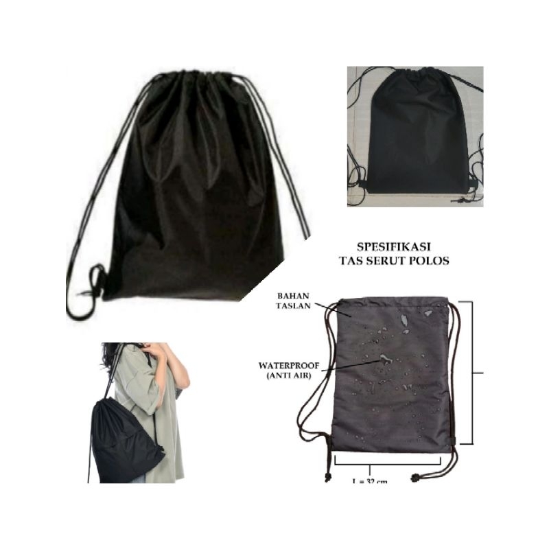 Tas serut hitam tebal polos  waterproof pria dan wanita