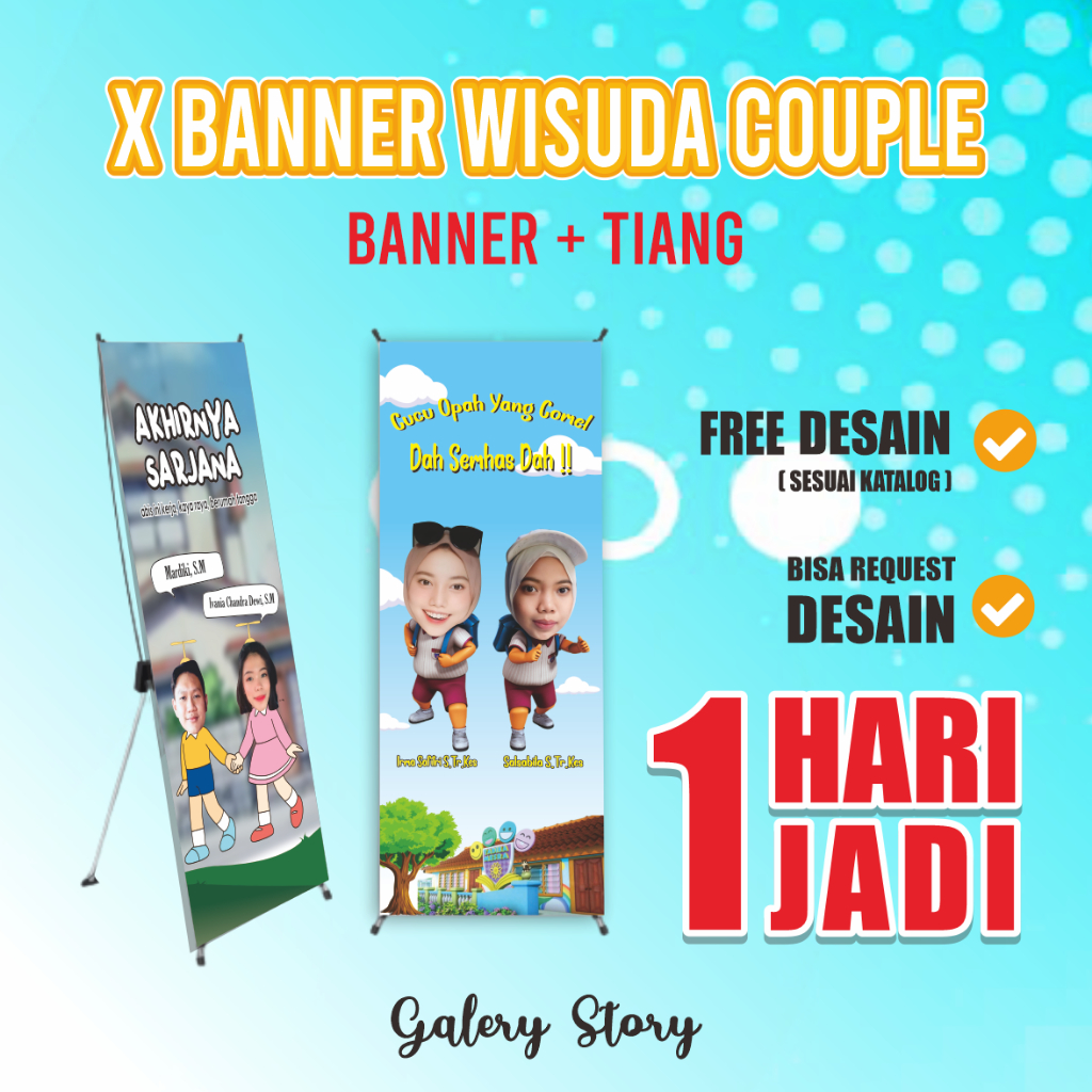 Cetak Banner + Tiang Wisuda Couple Pasangan 2 Orang -  Print X Banner Wisuda + Stand Kaki - Spanduk Wisuda Custom Free Desain Termurah