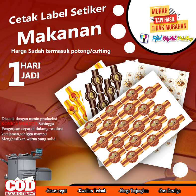 

Cetak label setiker cromo a3+ murah + cut cetak label kemasan usaha makanan bebas rques desaign