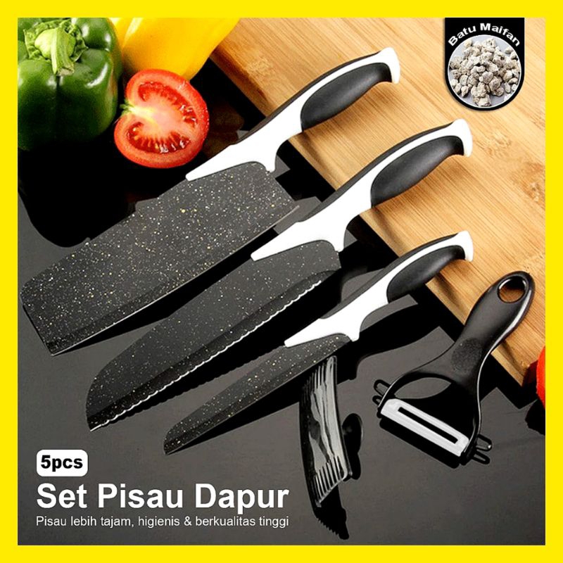 COD Pisau Dapur Set 5 Pcs Premium Batu Maifan Super Tajam Knife Kitchen Pengupas Pemotong Daging per