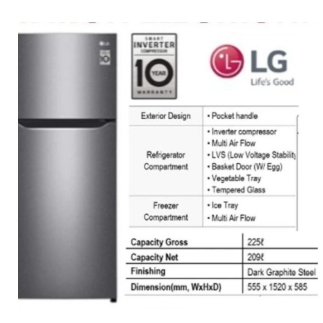 LG Kulkas 2 Pintu 225L Smart Inverter GN-B222SQIB 222SQIB