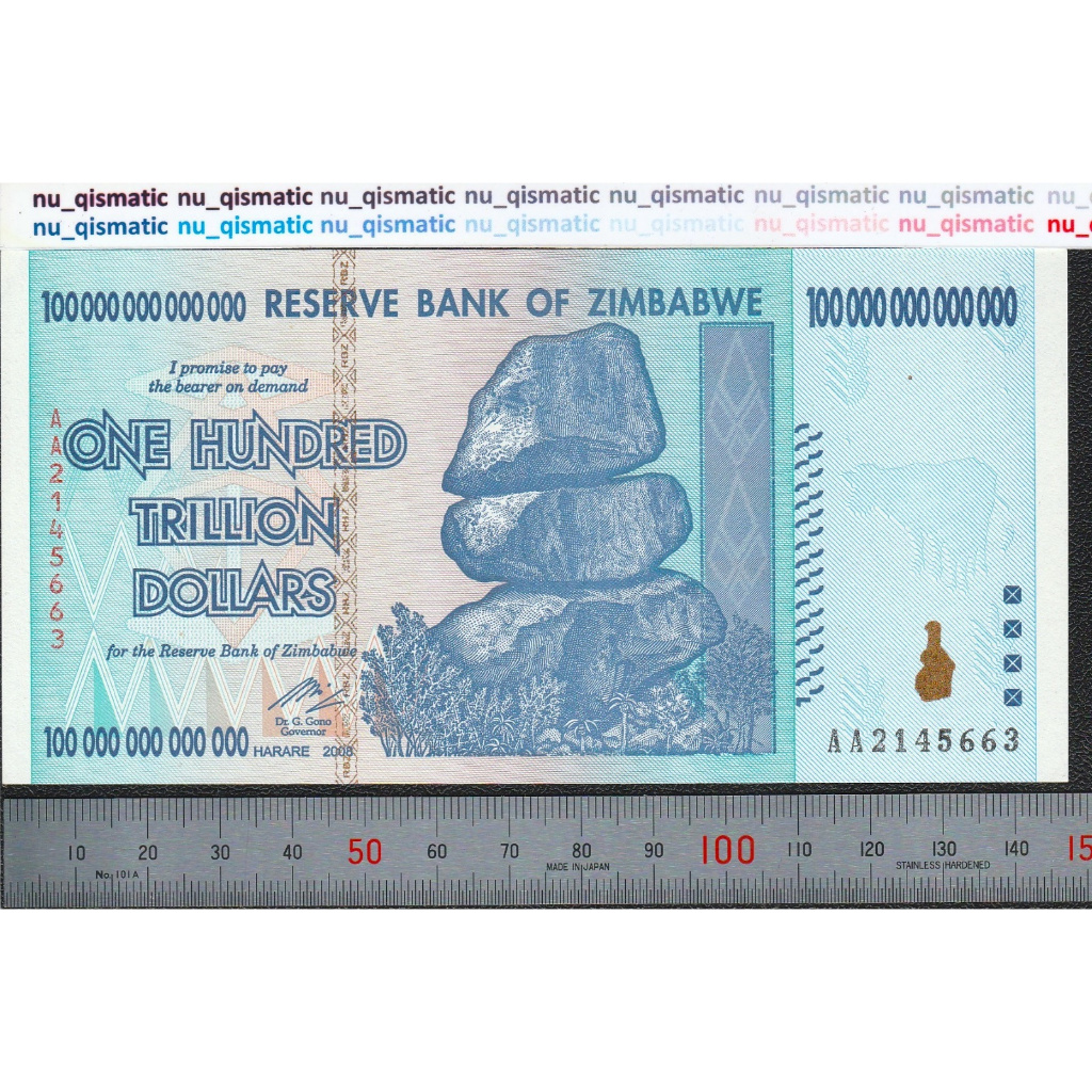 Uang Zimbabwe 100 Triliun 100 Trillion Dollar , 2008 , UNC Baru Super Gress P# 91