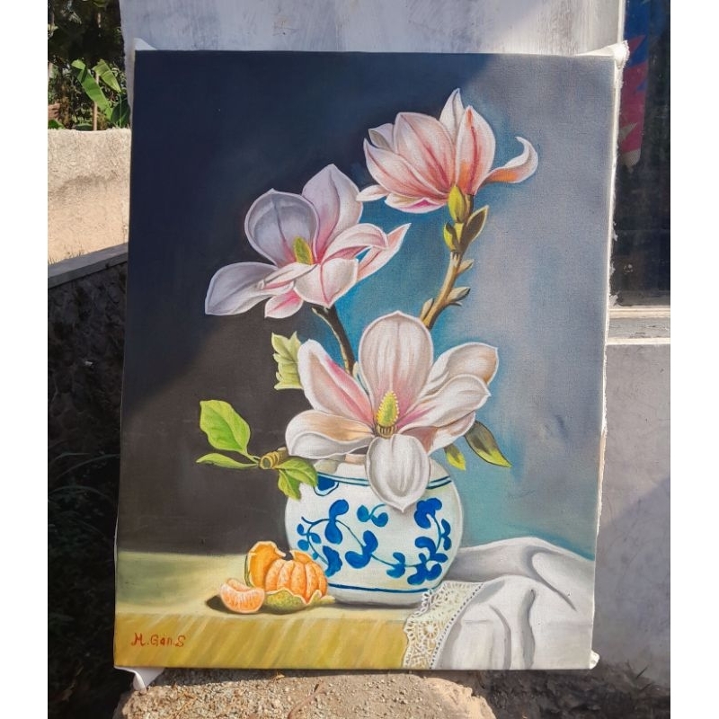 lukisan bunga oil on kanvas ukuran 70x90cm real handmade no print