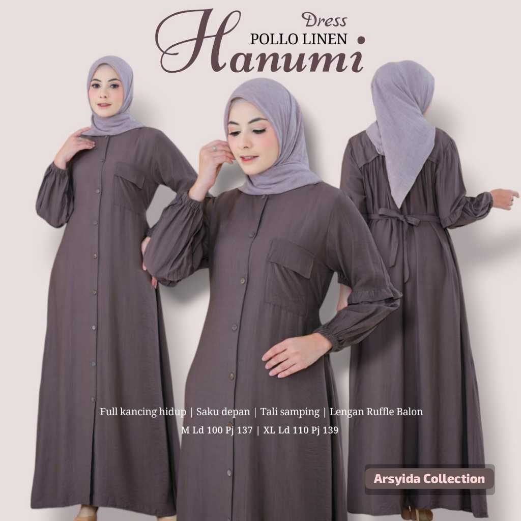 Gamis polo Linen Kancing Model Minimalis Jumbo Dress polos dewasa Hanumi saku depan