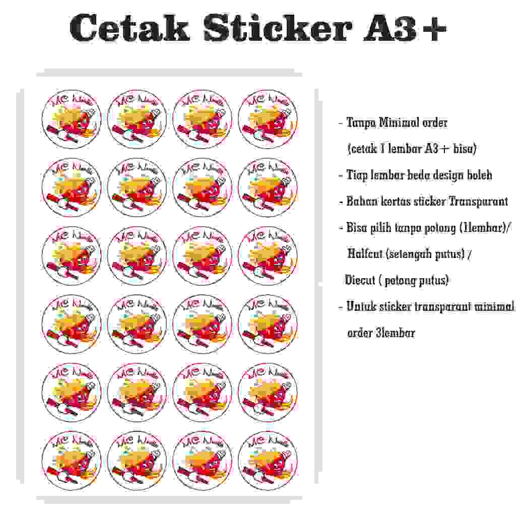 

Cetak Sticker A3+ transparant / Stiker Label Kemasan atau Produk + Cutting/Non Cutting