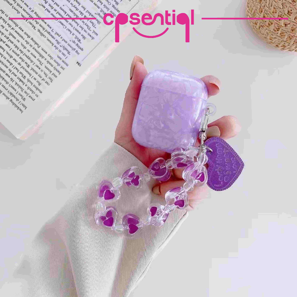 COD Case Airpods Gen 1/2 Gen 3 Pro Inpods 12 i12 Crystal Warna Ungu  Dengan Gantungan Kunci Model Mutiara Kerang / Shell | Leather Acrilic Motif Warna Ungu Protection Case | Casing Premium Soft case | Silicone Casing Premium Case