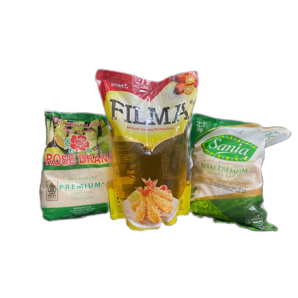 

paket sembako ( Minyak Goreng Filma 2L + Gula Rose Brand 1Kg + beras Sania 1Kg)