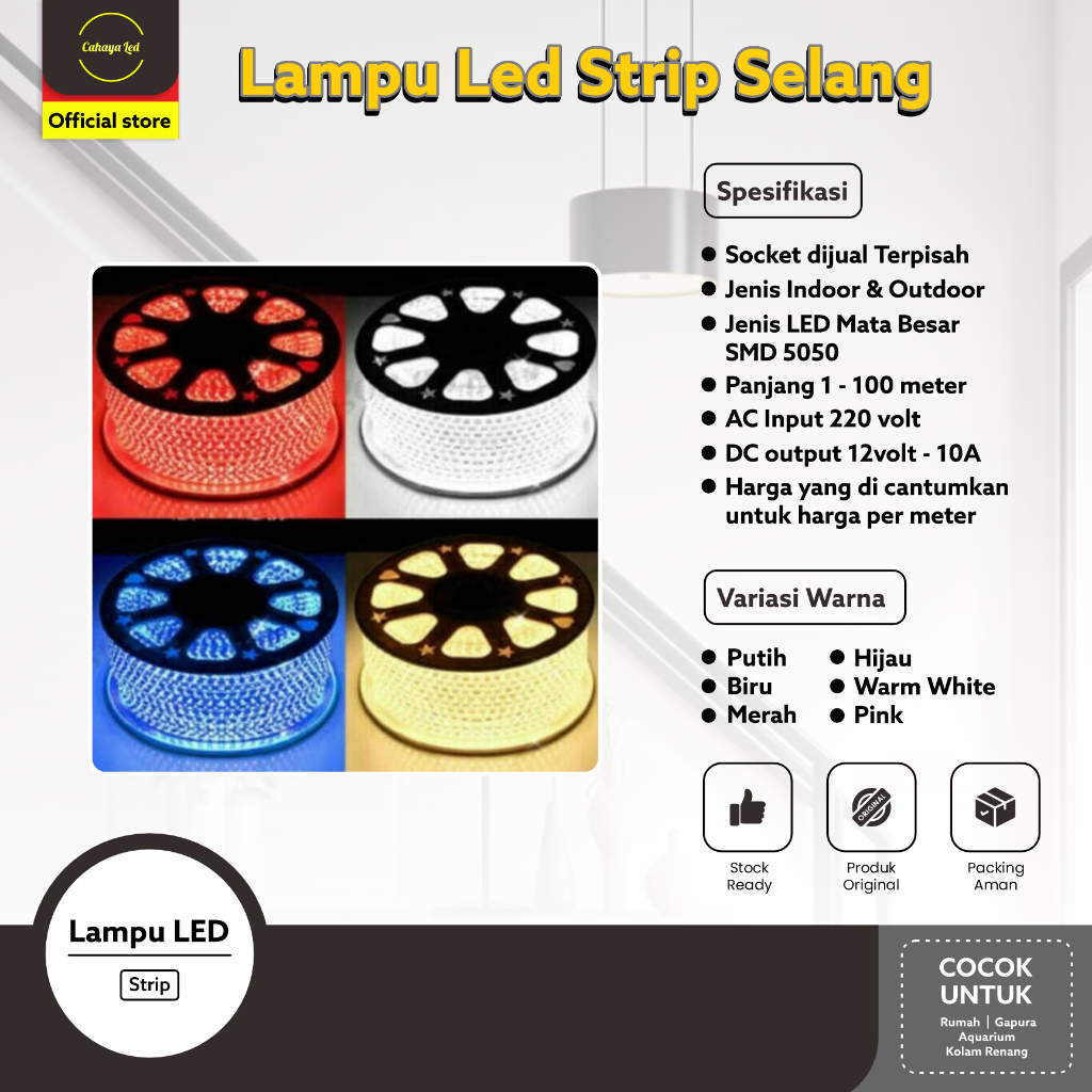 Lampu LED Strip Selang 5050 SMD AC 220V METERAN (1M-100M) OUTDOOR Asli Original
