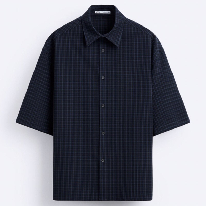 ZARA Men Oversize Fit Check Shirt Kemeja Pria Lengan Pendek Navy