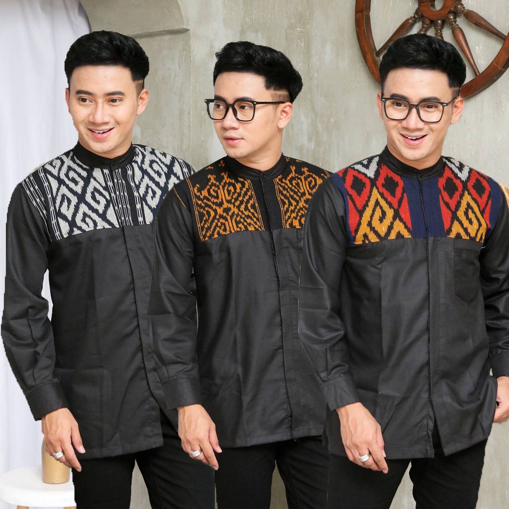 KEMEJA KOKO LENGAN PANJANG HITAM KOMBINASI TENUN // KEMEJA PRIA LENGAN PANJANG // KEMEJA KERJA KANTO