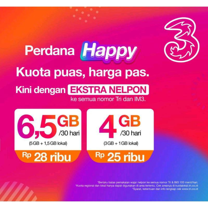 NEW PERDANA TRI 6,5GB 30HARI DAN 4GB 30HARI NASIONAL SE INDONESIA
