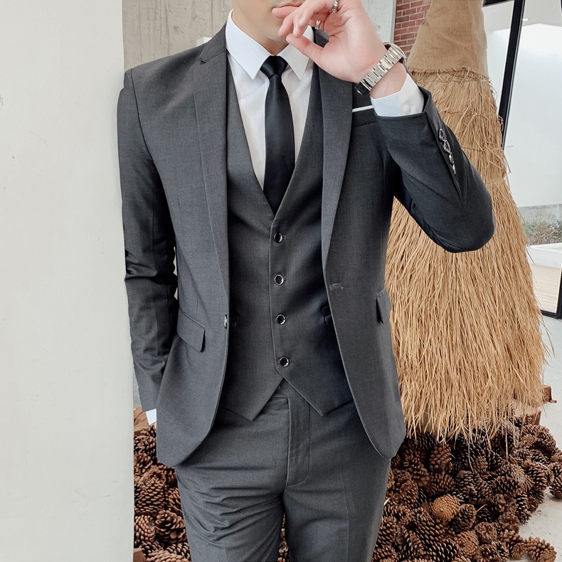 De_Kuniawan - Setelan Jas Pria 3In1 Tuxedo Abu Tua Blazer Rompi Celana Formal