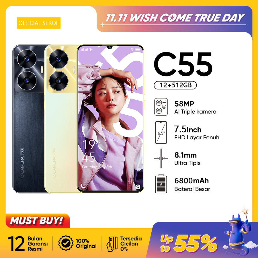 【2023 NEW】HP C55 8+256GB 12+512GB 64MP AI Kamera 58MP Main Camera Layar 7.89mm Ultra-Slim FHD Displa