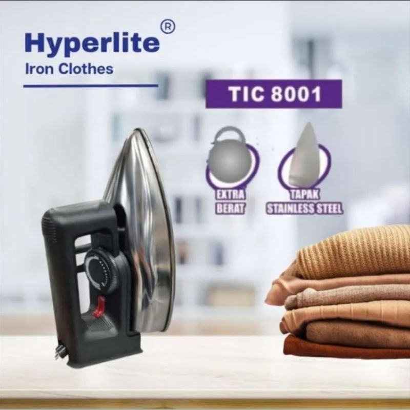 Setrika Baju HYPERLITE TIC 8001 Low Watt 300 Watt Tapak Stainless