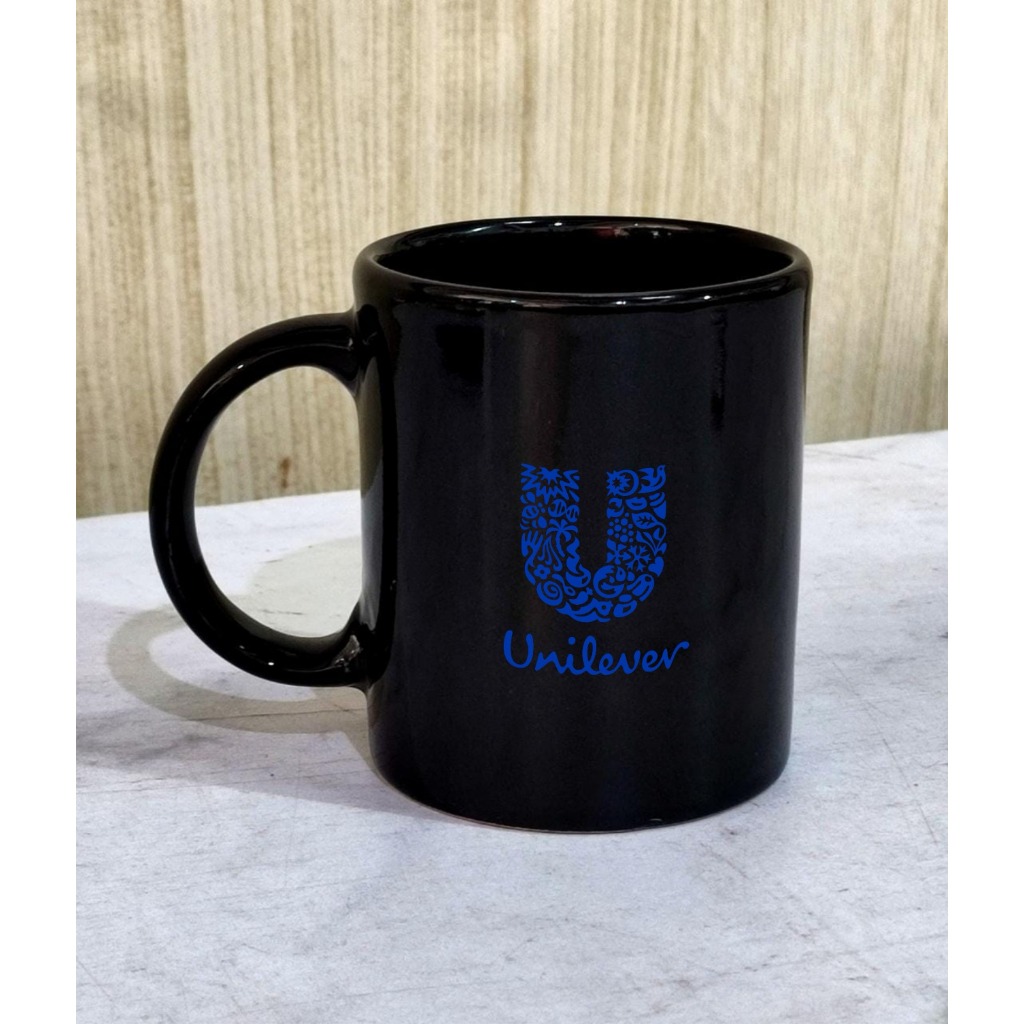 Souvenir Mug Hitam Custom Printing Motif UNILEVER / Mug Keramik Hitam Custom Desain Bebas