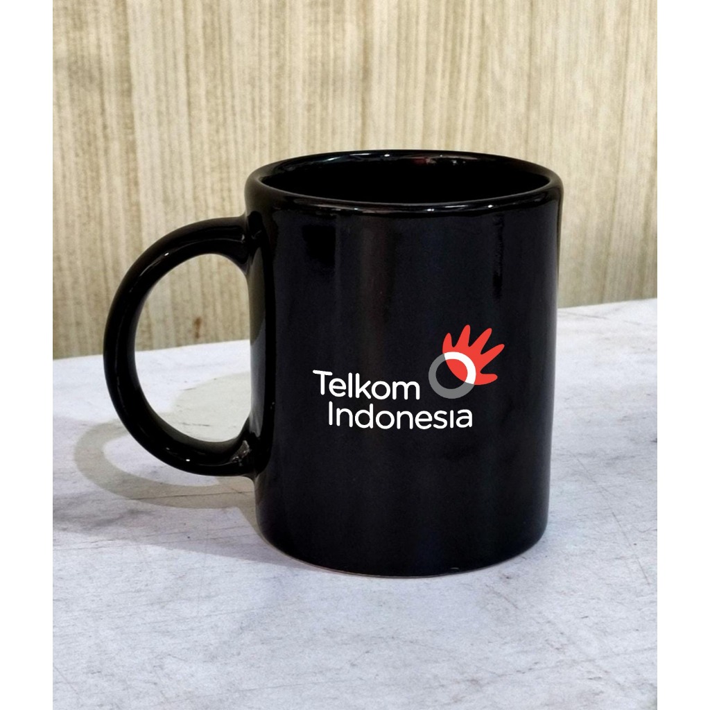 Mug Hitam Custom Logo TELKOM INDONESIA / Mug Keramik Hitam Custom Murah