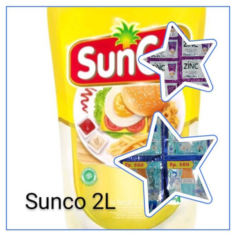 

minyak goreng sunco 2L (free 1 renteng soklin liquid+1rentenga shampoo zinc)