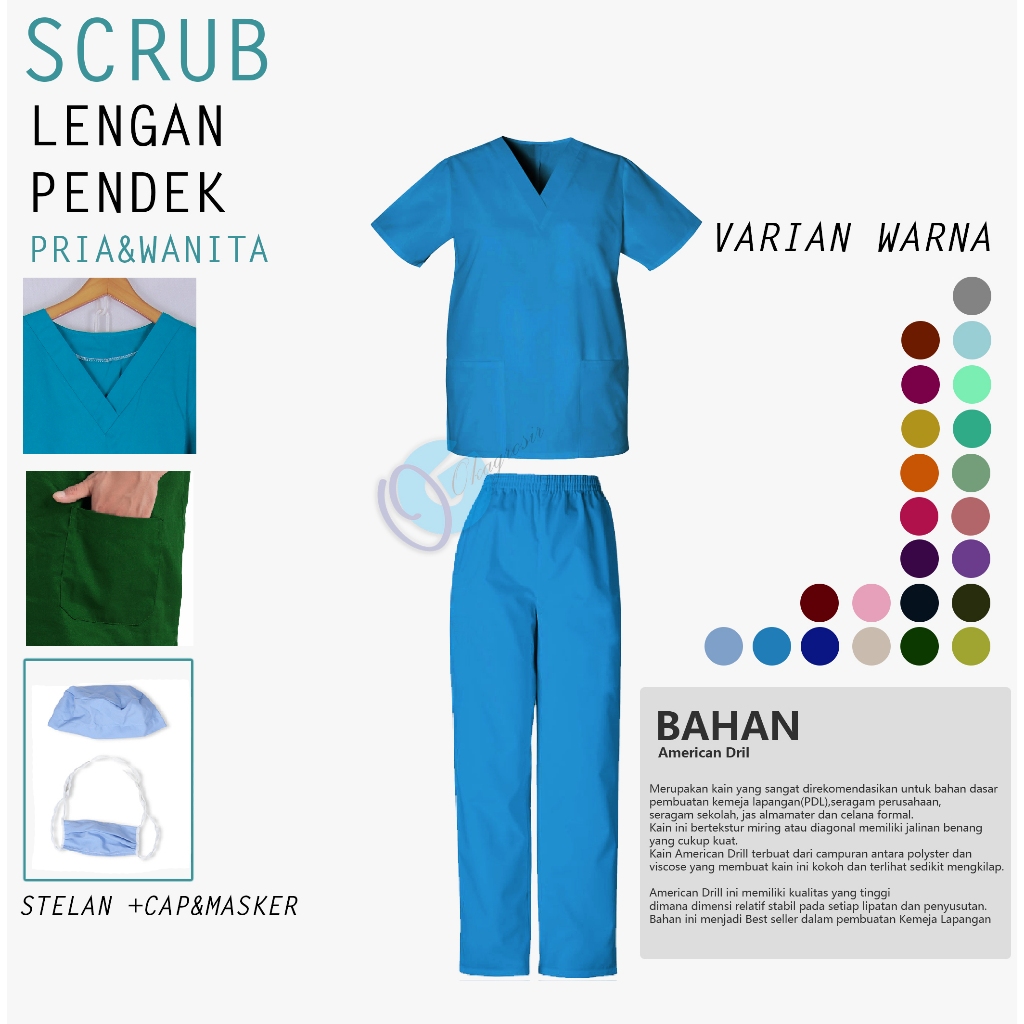 Baju Jaga Ok Oka Scrubs Lengan Pendek Cewek/Cowok Warna Biru Tosca / Pakaian Seragam Dinas Medis Per