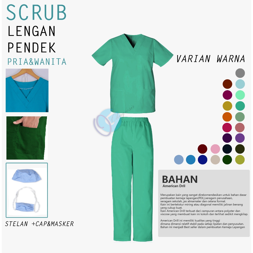 Baju Jaga Perawat Dinas Ok Oka Lengan Pendek Warna Hijau Tosca