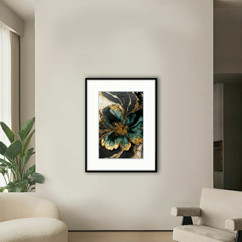 Poster Blok + Frame Aesthetic Abstrak GreenGold Flowers Lukisan Cetak 70x50cm
