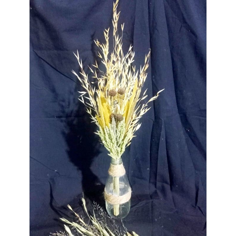 paket bunga+vas botol kaca variasi tali rami aesthetic hiasan meja