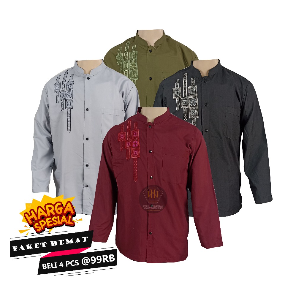 [Paket Hemat 4 Pcs 106Rb] Baju Koko Pria Dewasa Bordir Jaffan Lengan Panjang Seri Warna Bahan Katun Premium Muslim Motif