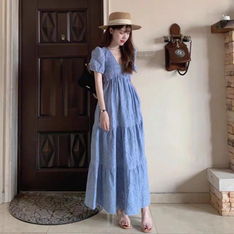 56200bFashion kostum Maxi long dress dres panjang lengan pendek polos cantik leher Vi neck cantik ma