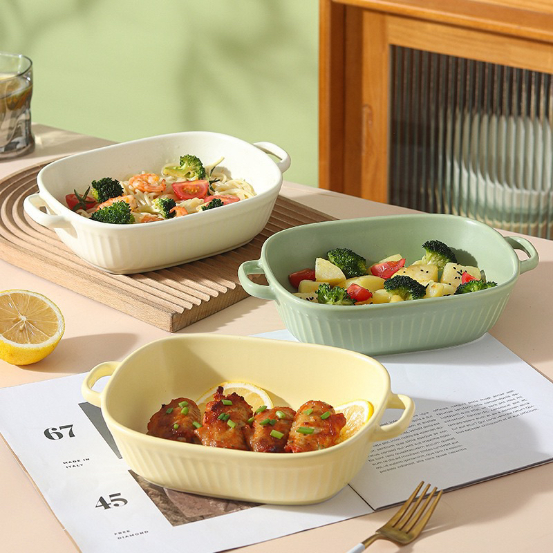 Piring Mangkok Saji Keramik Estetik dengan Gagang Warna Pastel Tahan Panas ala Korea / Piring Sayur 