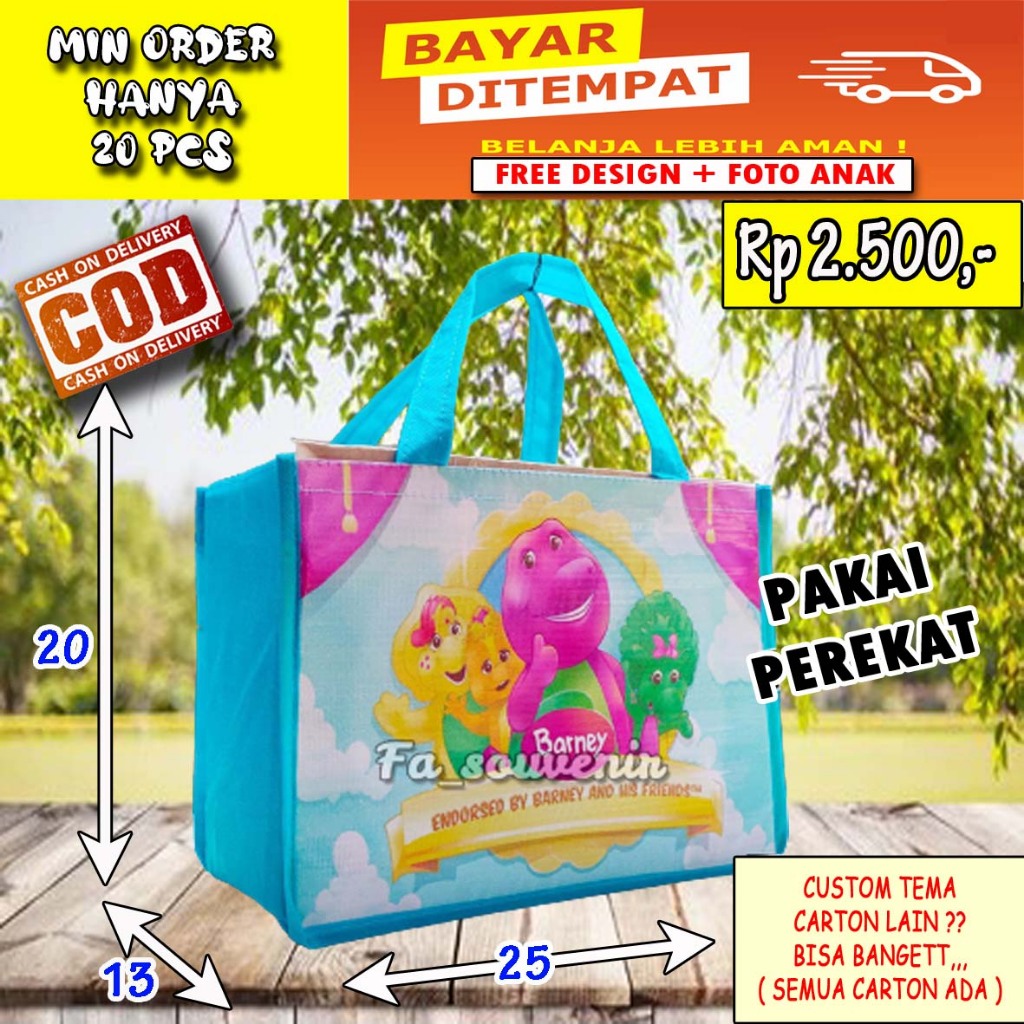 

Tas Souvenir Ready Stock Siap Kirim Dan Custom Nama Gambar Barney Bisa Pakai Foto Anak Dan Bisa COD, Muat Box KFC dan Bento