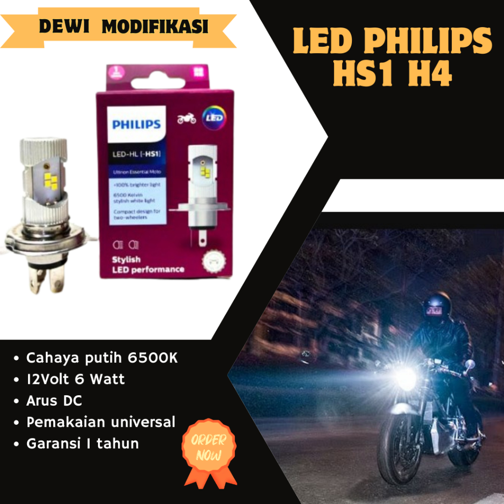 LAMPU DEPAN MOTOR LED-HL (HS1) H4 12V KAKI 3 PUTIH PHILIPS CB150R STREETFIRE, CBR250R, CBR150R, KAWA