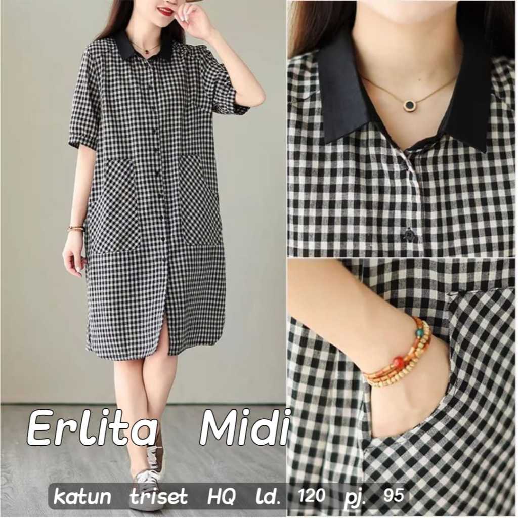 Erlita Midi Baju Dress Wanita Jumbo LD 120 XXXL Motif Kotak Busui Premium Katun Triset HQ