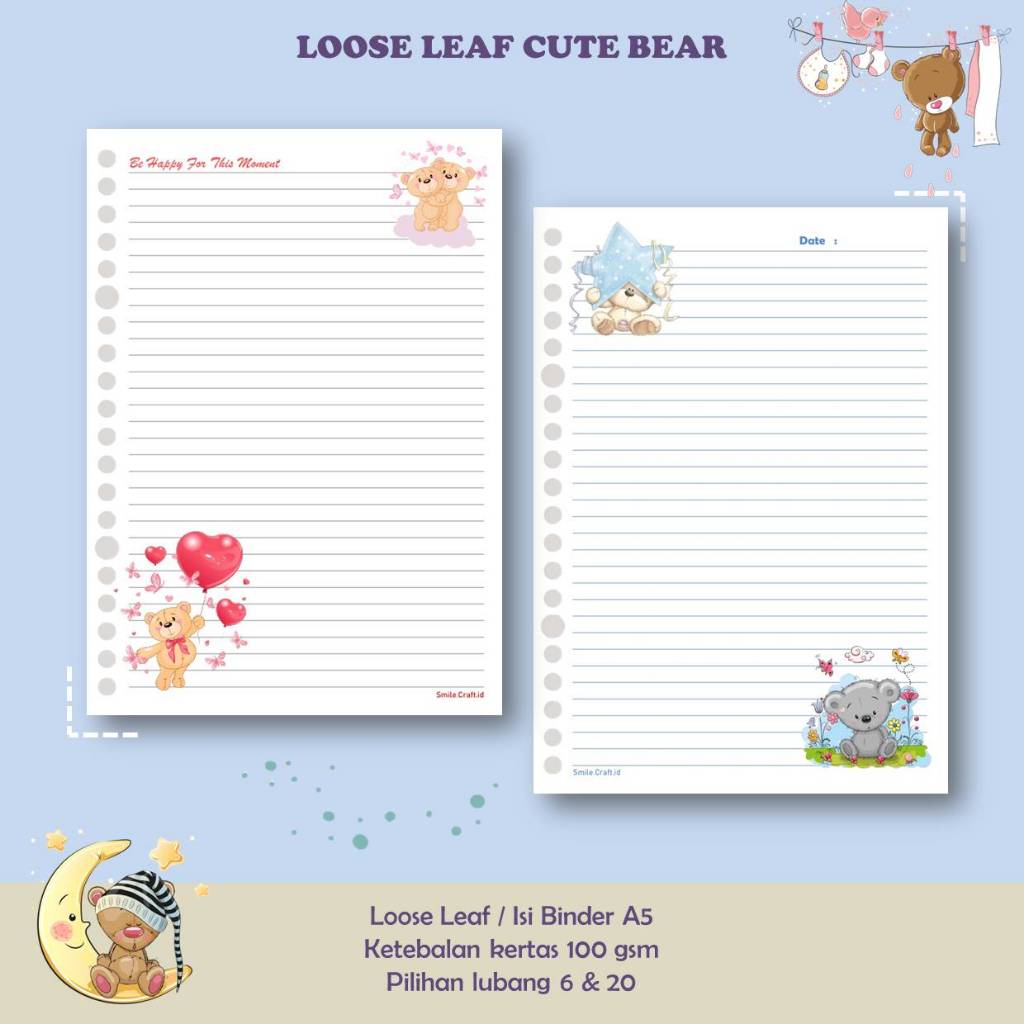 

KERTAS LOOSE LEAF ISI BINDER REFILL NOTEBOOK A5 KARAKTER CUTE BEAR - 100 GSM