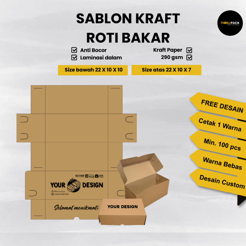 Sablon Custom Box Roti Bakar Kraft (22 x 10 x 10 ) Custom Desain Laminasi / Sablon Box Roti Bakar Kr