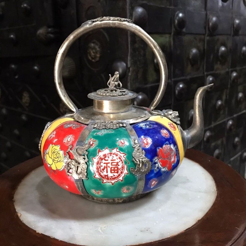 Teko Keramik China Ornamen Kuningan Ukir Naga Shio Monyet Antik Lawas Kuno Empat Warna Big