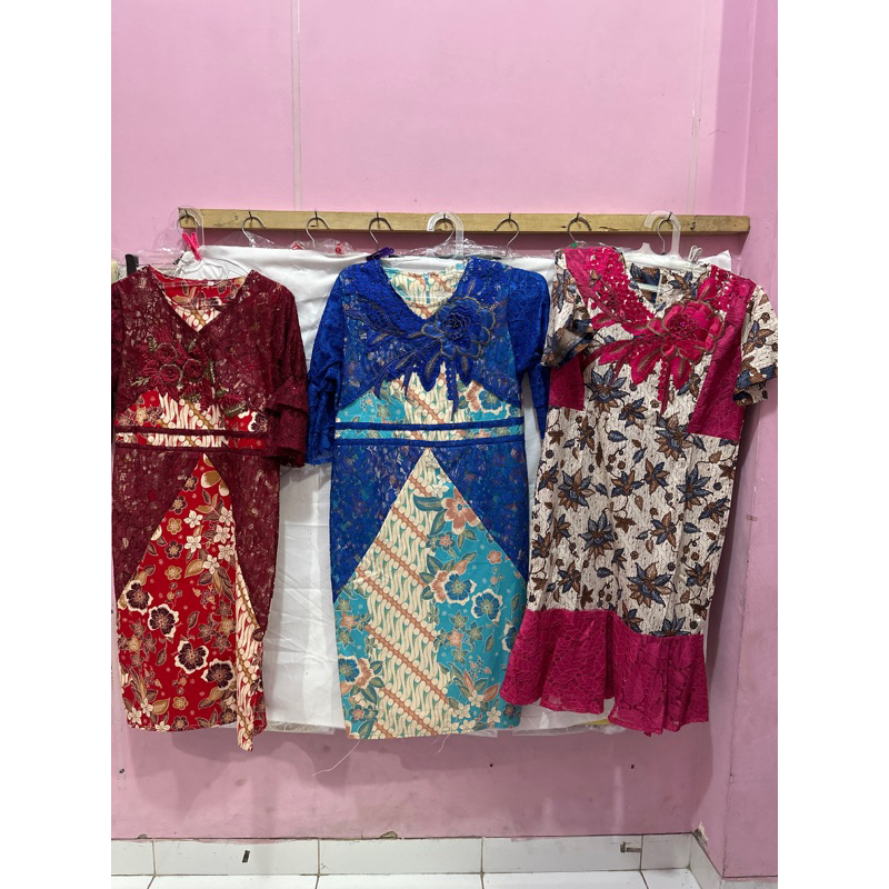Dress wanita batik bunga kebaya biru
