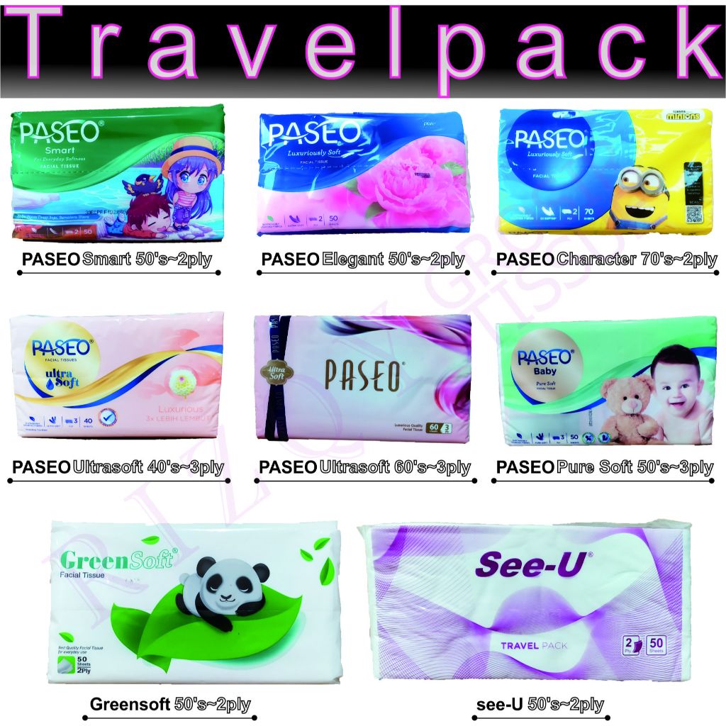 Tisu Travelpack Paket 1kg lebih 2&3ply (Paseo~See-U~Greensoft~Tessa)