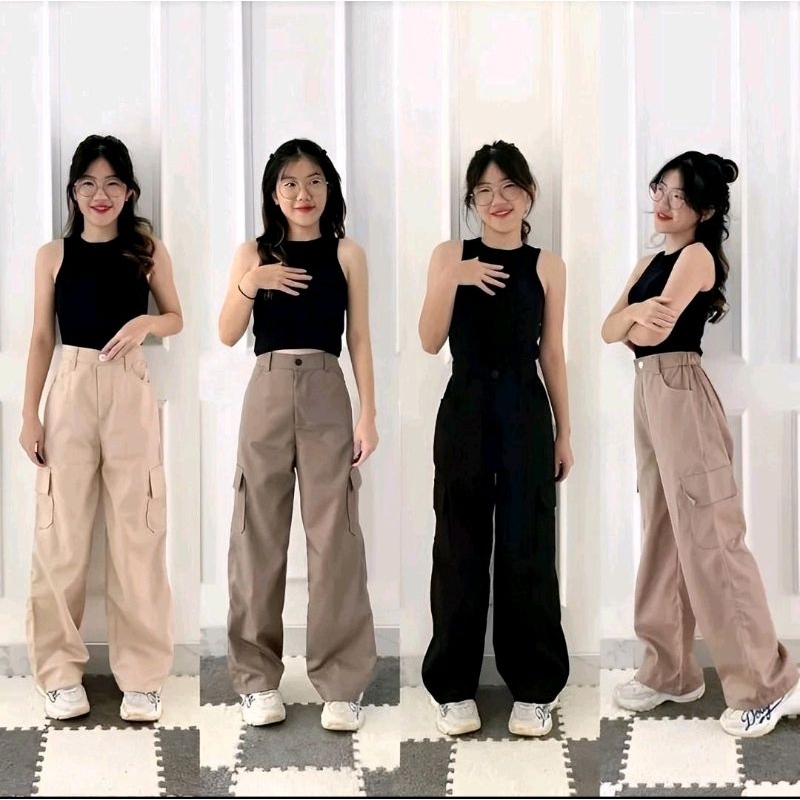 Baggy Pants Cargo Highwaist Bahan Twill Combed Premium Stretch