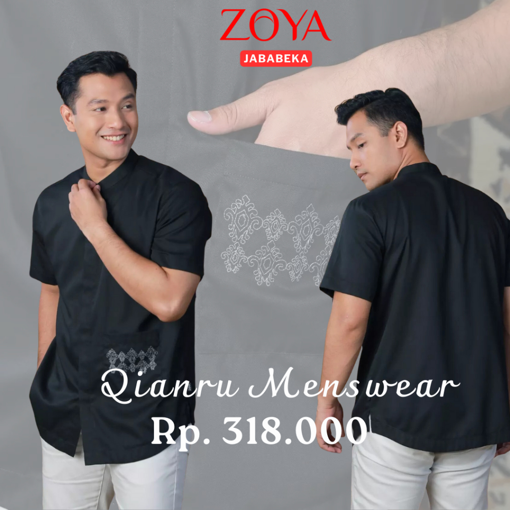 ZOYA Qianru Menswear Black - Baju Koko Polos Hitam Dewasa Lengan Pendek Bahan Katun Full Kancing