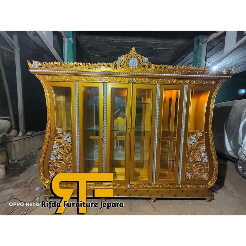 REAL PICT !! Lemari Hias ukir Biola mewah Jati pintu 6 / Pintu 5 gold (lemari pajangan jati,lemari h