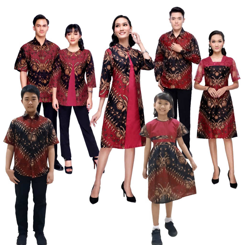 Baju Batik Couple Keluarga Dahlia Merah – Seragam Kondangan Anak & Dewasa Elegan