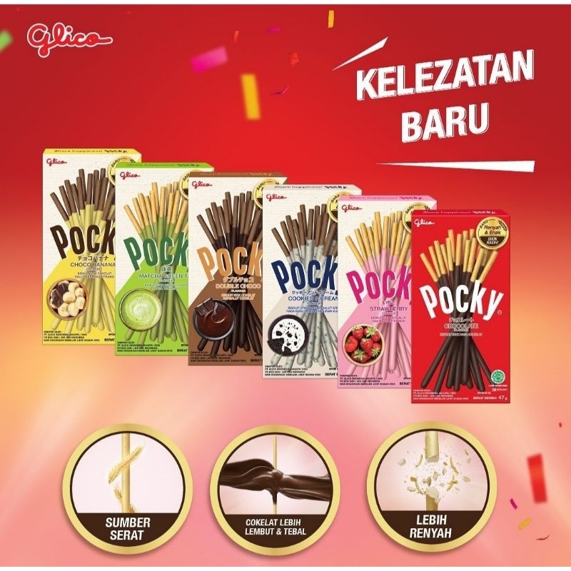 

GLICO POCKY STICK REGULER CHOCOLATE / STRAWBERRY / COOKIES & CREAM / CHOCO BANANA / MATCHA / ALMOND / DOUBLE CHOCO