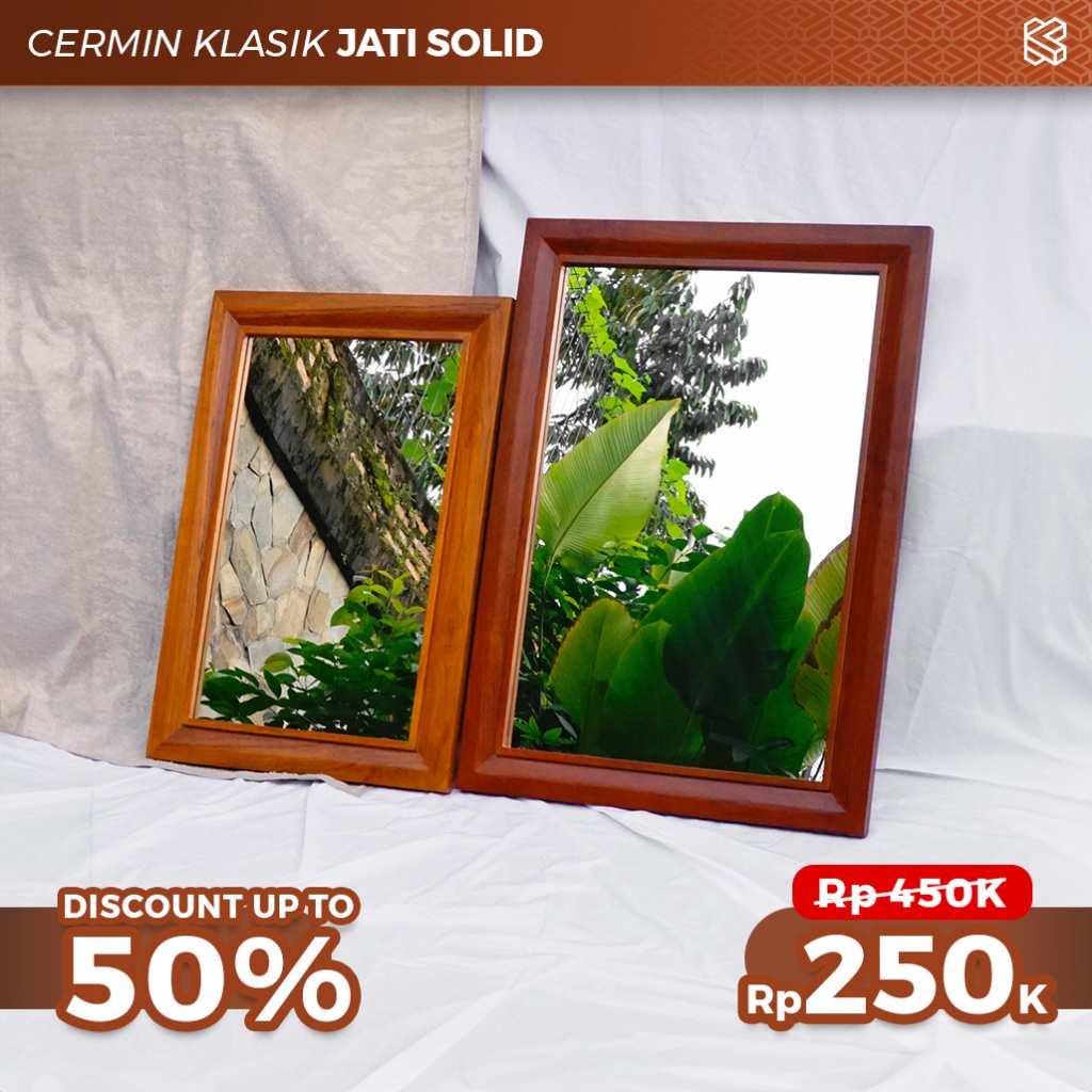 Cermin Dinding Kotak Klasik Kayu Jati Solid // Cermin Kayu Vintage