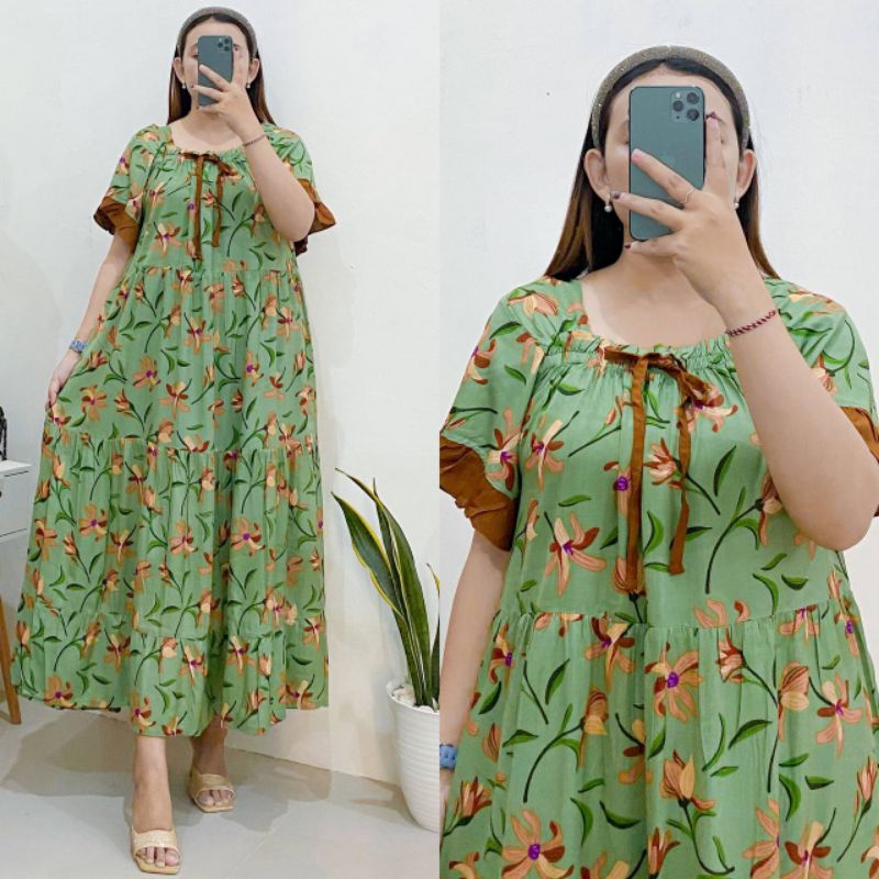 Dress Kerut Dada Panjang Rayon Motif