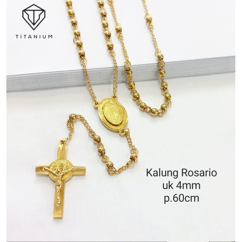 Kalung Rosario Bunda Maria Motif Timbul Titanium Warna Emas dan Silver