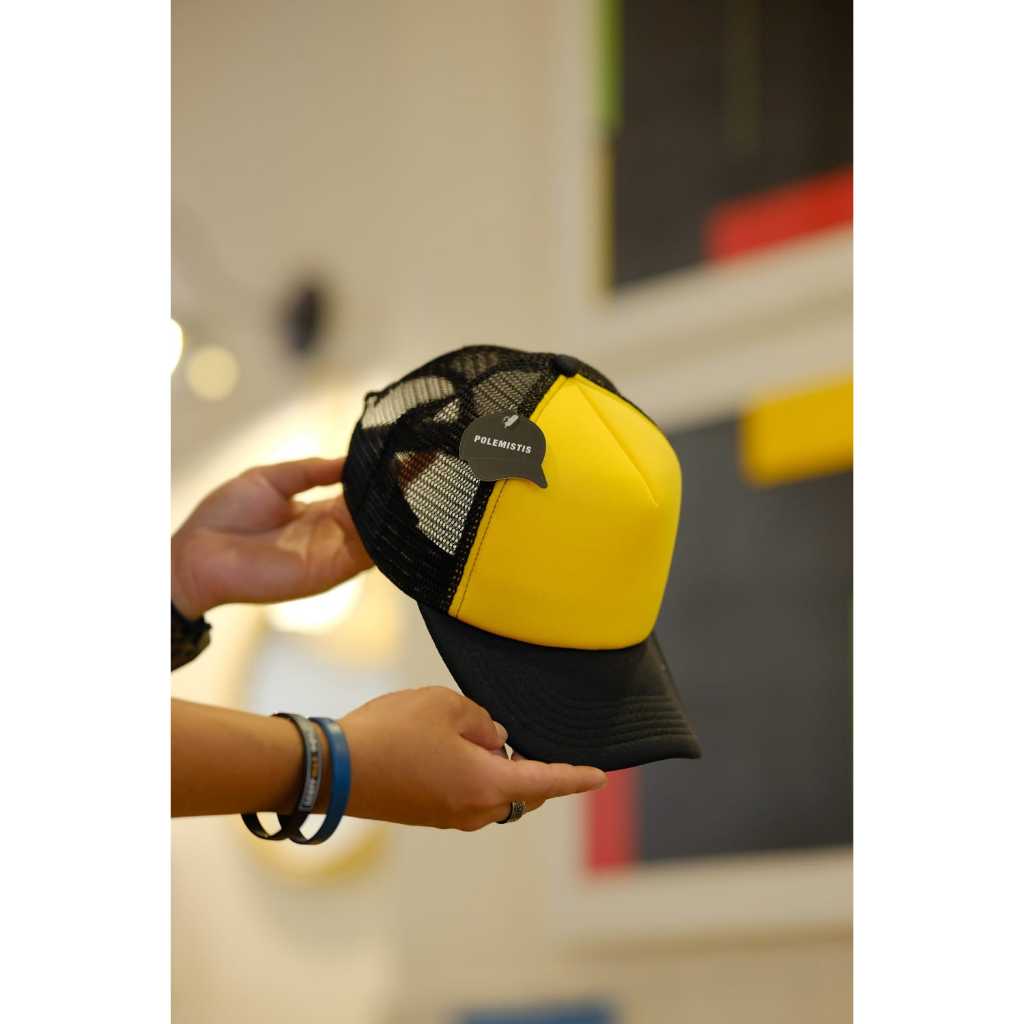 TOPI JARING POLOS PREMIUM HITAM KUNING HITAM BAHAN TEBAL JAHITAN RAPIH