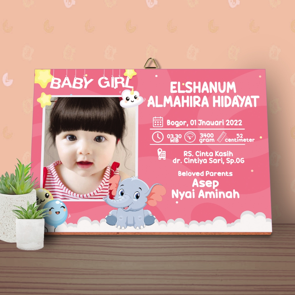 Cetak custom biodata bayi lucu plus bingkai ukuan 20x30 cm tema biru pink